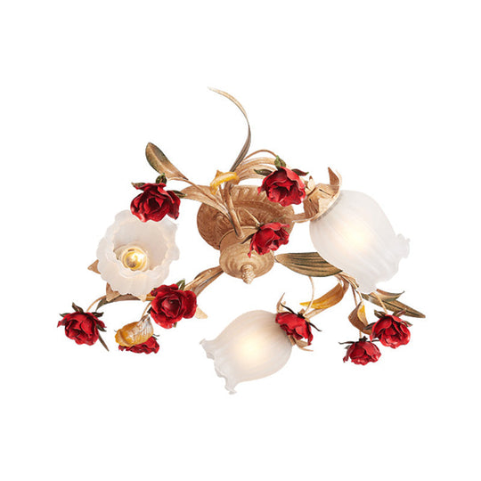 Romantic Pastoral Blossom Bedroom Semi Flush Mount Ceiling Lamp - 3/6 Lights, Coffee Metal Design