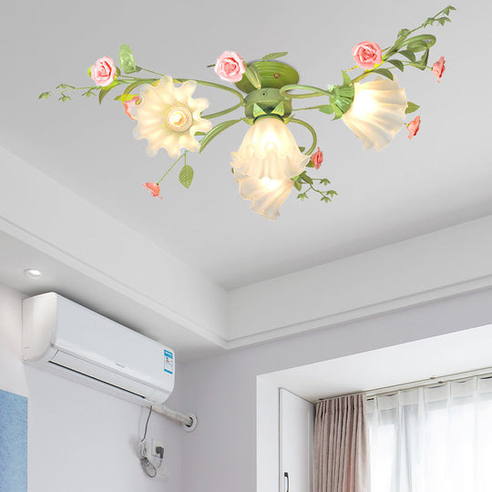 Metal White/Green Ceiling Fixture - Scalloped Design - 4 Bulbs - Pastoral Flower Semi Flush Light for Bedroom