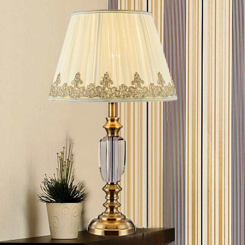 Modernist Beige Flare Desk Light: 1-Bulb Fabric Night Table Lamp With Metallic Base