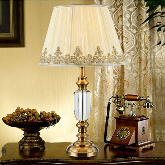 Modernist Beige Flare Desk Light: 1-Bulb Fabric Night Table Lamp With Metallic Base