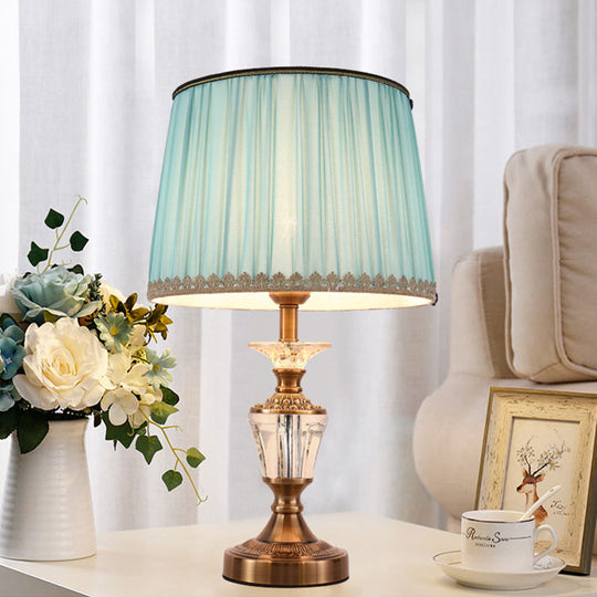 Modern Drum Shade Crystal Reading Light Nightstand Lamp In Blue/Beige Blue