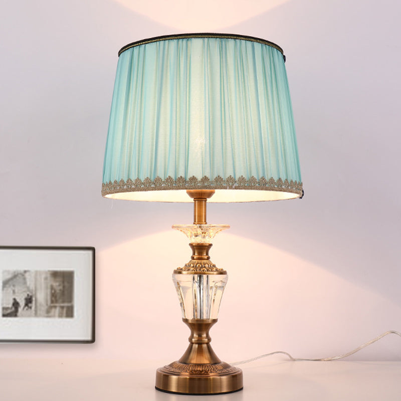 Modern Drum Shade Crystal Reading Light Nightstand Lamp In Blue/Beige