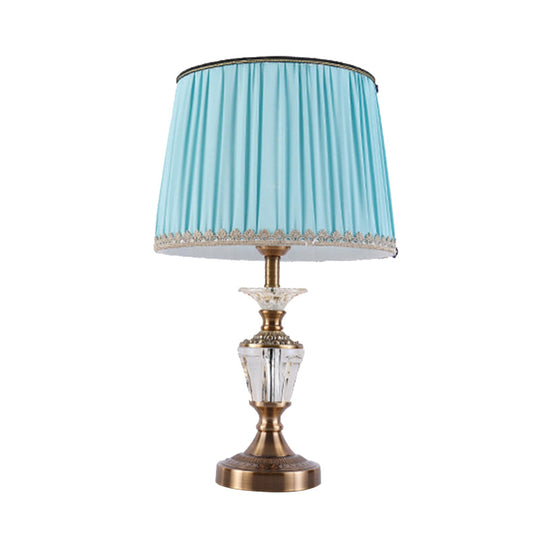 Modern Drum Shade Crystal Reading Light Nightstand Lamp In Blue/Beige