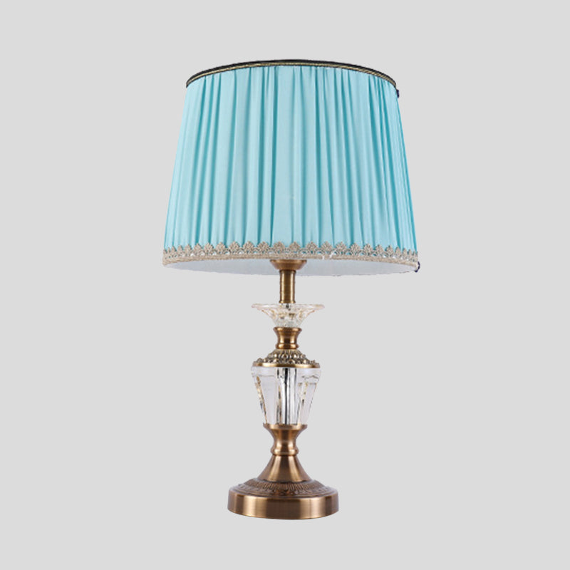 Modern Drum Shade Crystal Reading Light Nightstand Lamp In Blue/Beige