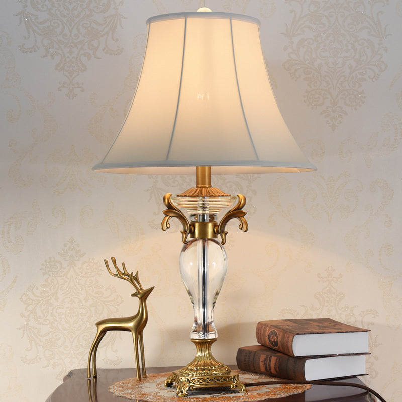 Modern Bell Study Lamp: White Fabric Shade Carved Brass Base 1 Bulb Task Light