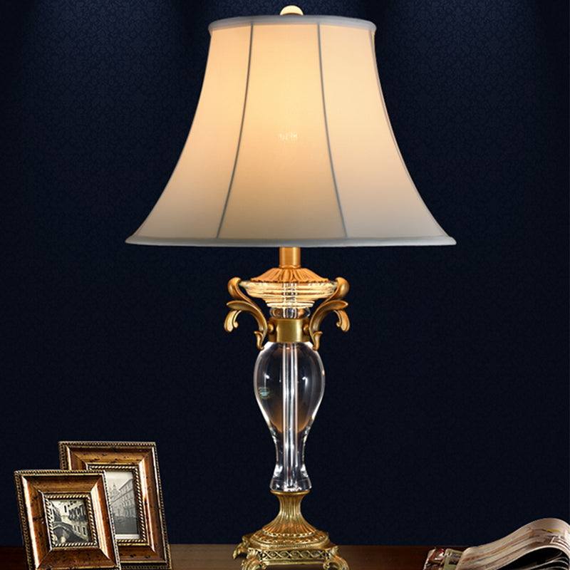 Modern Bell Study Lamp: White Fabric Shade Carved Brass Base 1 Bulb Task Light