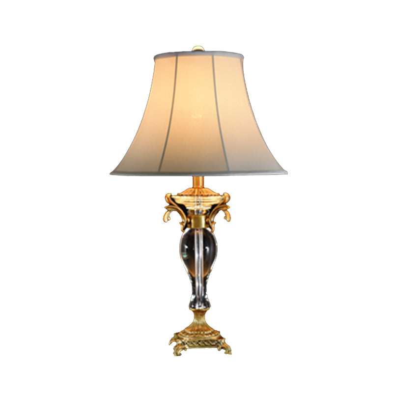 Modern Bell Study Lamp: White Fabric Shade Carved Brass Base 1 Bulb Task Light