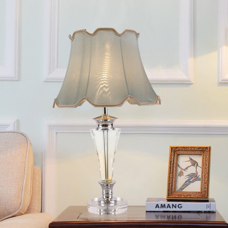 Blue Tapered Fabric Task Light With Modern Hand-Cut Crystal: 1-Head Nightstand Lamp