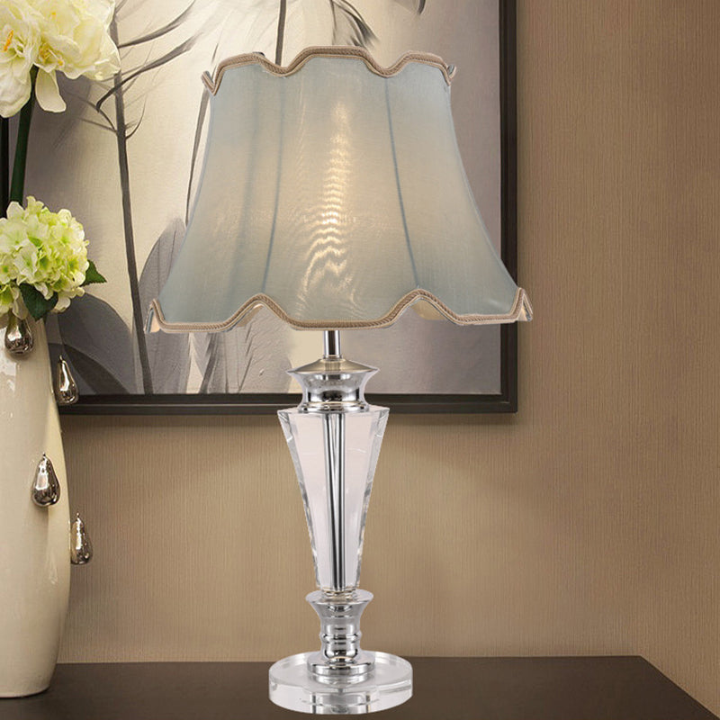 Blue Tapered Fabric Task Light With Modern Hand-Cut Crystal: 1-Head Nightstand Lamp