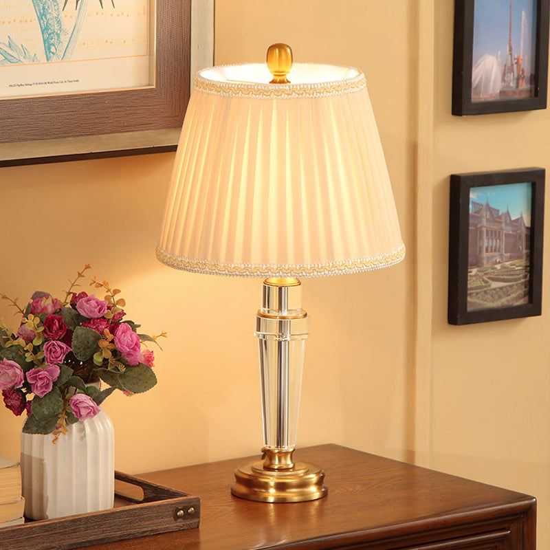 Modern Conical Crystal Desk Lamp - Beige Fabric Shade Metal Base