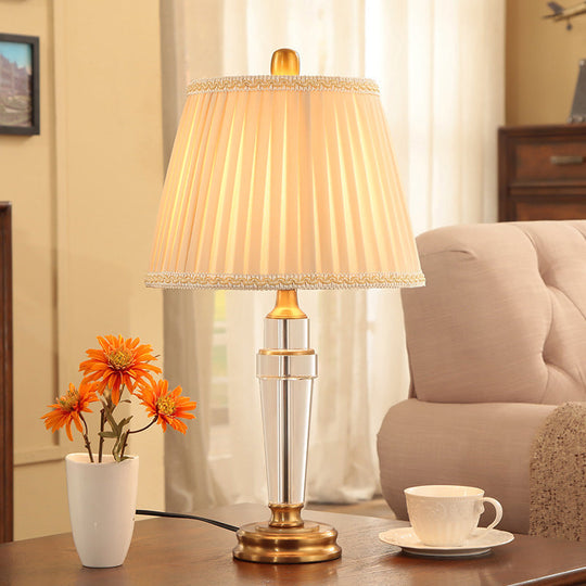 Modern Conical Crystal Desk Lamp - Beige Fabric Shade Metal Base