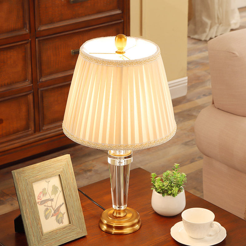 Modern Conical Crystal Desk Lamp - Beige Fabric Shade Metal Base