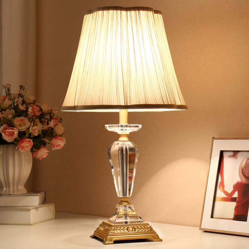 Modern Beveled Crystal Table Lamp With Fabric Shade - Tapered Design 1 Bulb Task Light In Beige