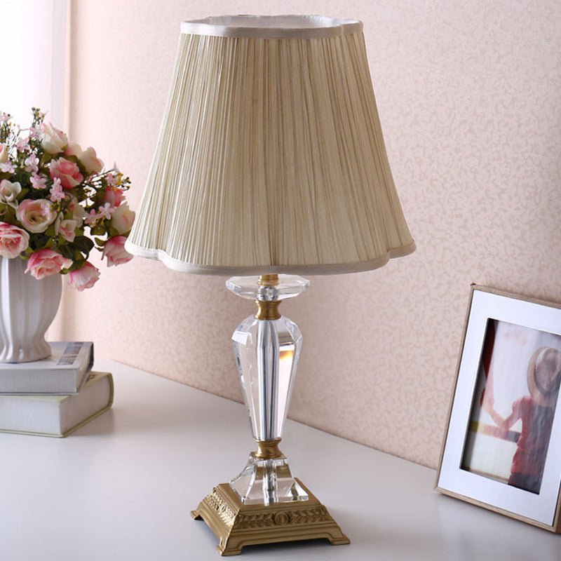 Modern Beveled Crystal Table Lamp With Fabric Shade - Tapered Design 1 Bulb Task Light In Beige