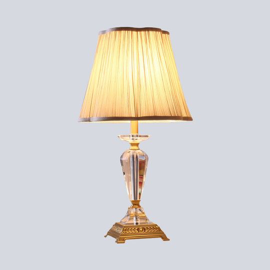 Modern Beveled Crystal Table Lamp With Fabric Shade - Tapered Design 1 Bulb Task Light In Beige