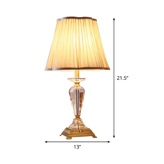 Modern Beveled Crystal Table Lamp With Fabric Shade - Tapered Design 1 Bulb Task Light In Beige