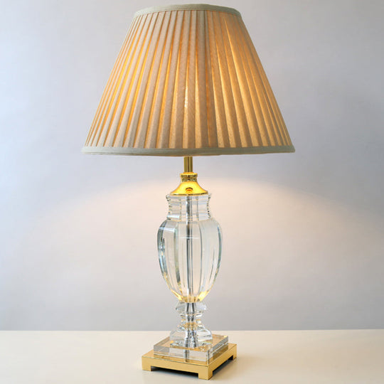 Contemporary Crystal Table Lamp - Beige Conical Desk Light With Fabric Shade