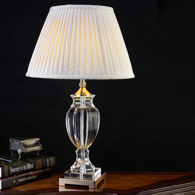 Contemporary Crystal Table Lamp - Beige Conical Desk Light With Fabric Shade