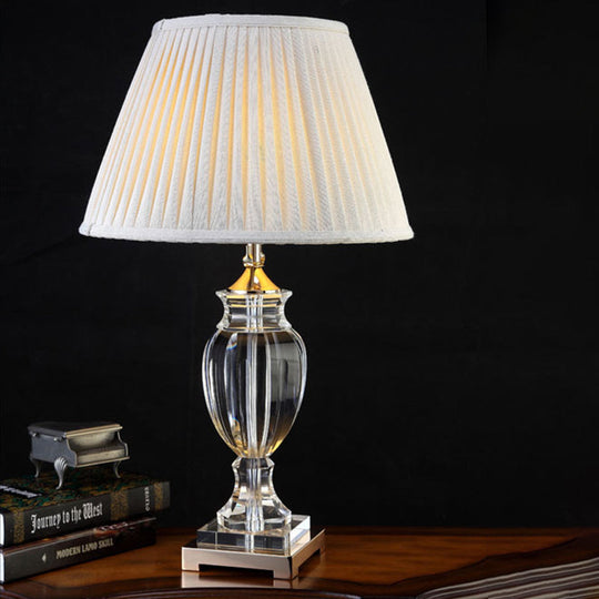 Contemporary Crystal Table Lamp - Beige Conical Desk Light With Fabric Shade