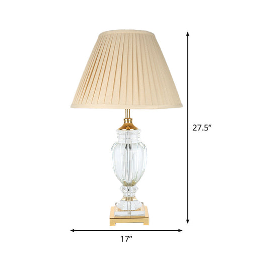 Contemporary Crystal Table Lamp - Beige Conical Desk Light With Fabric Shade