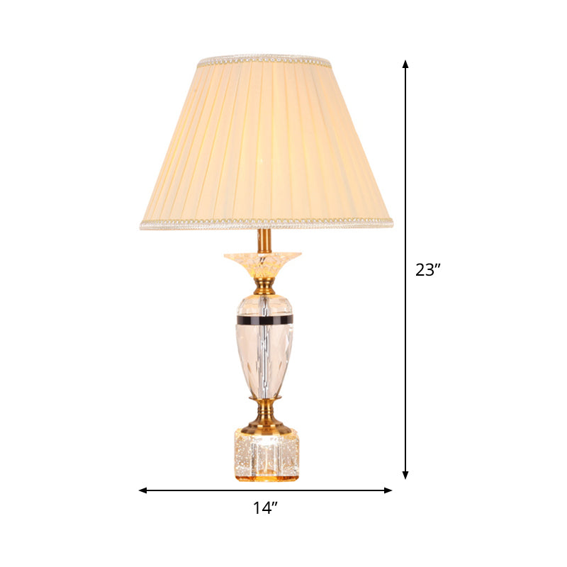 Modern Urn Shape Fabric Desk Light - Faceted Crystal 1 Bulb Night Table Lamp In Beige