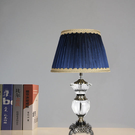 Blue Tapered Drum Crystal Desk Lamp - Modern 1 Head Night Table Light With Fabric Shade