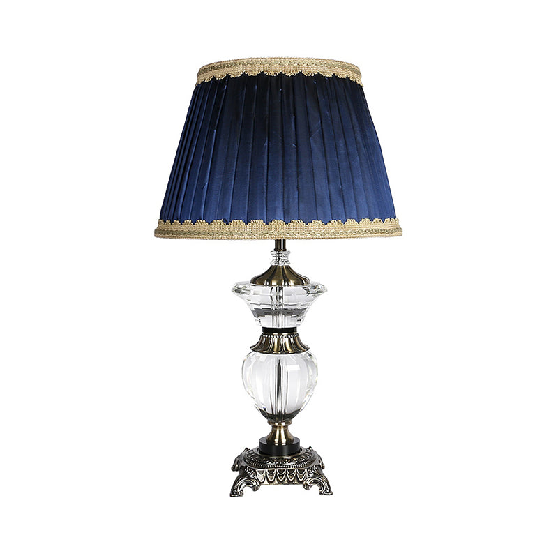 Blue Tapered Drum Crystal Desk Lamp - Modern 1 Head Night Table Light With Fabric Shade