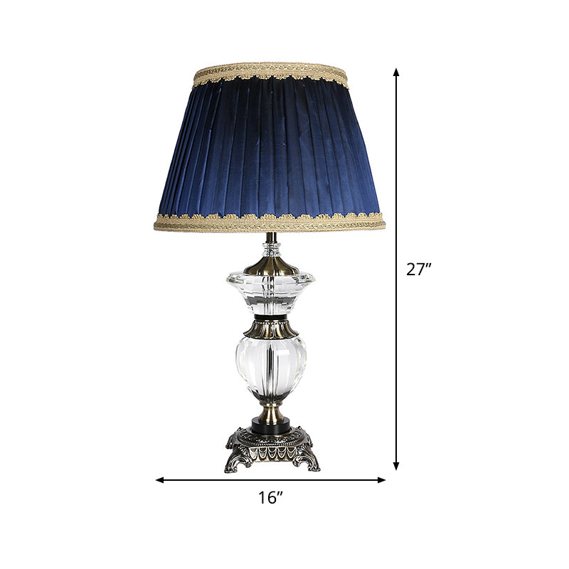 Blue Tapered Drum Crystal Desk Lamp - Modern 1 Head Night Table Light With Fabric Shade