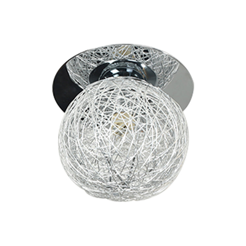 Minimalist Metal and Handwoven Globe Flush Mount Ceiling Lamp with White Shade