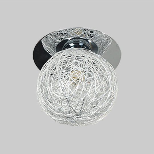 Minimalist Metal and Handwoven Globe Flush Mount Ceiling Lamp with White Shade