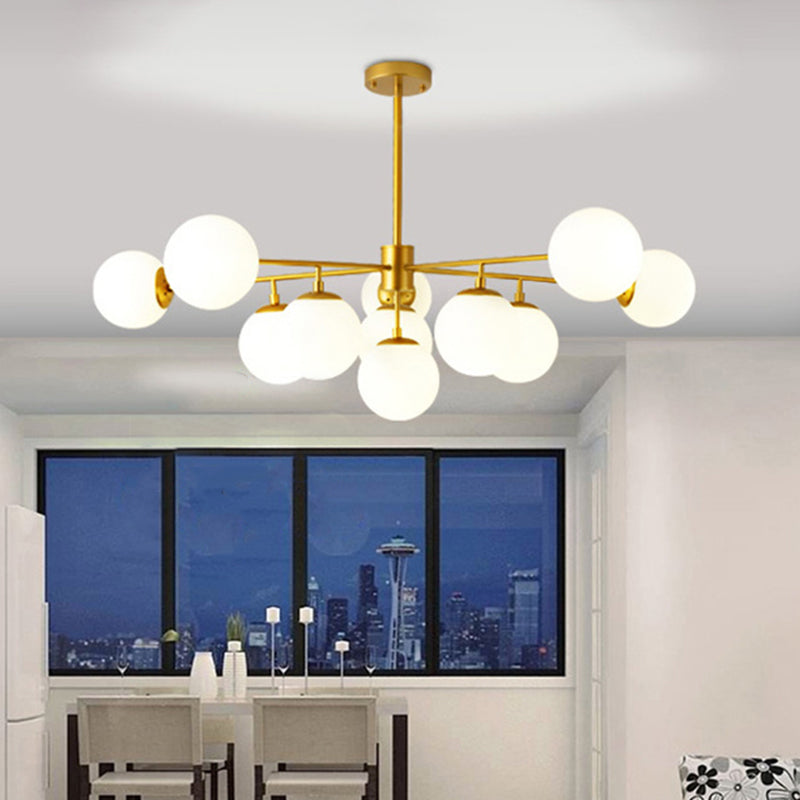 Modern Black/Gold Branch Chandelier - 7/9/11-Light Iron Pendant With White Glass Ball Shade