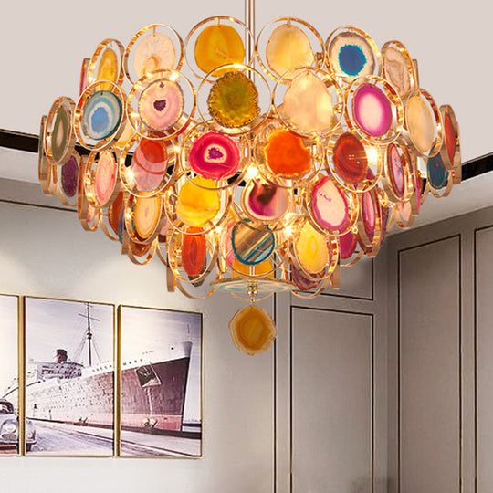 Modern Gold Metal Chandelier Light With Colorful Agates - 5-Tiered Ceiling Pendant 12-Light Design