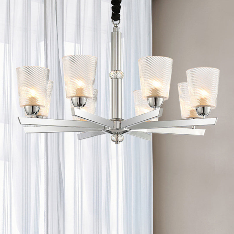 Modern Ribbed Glass 6-Light Chrome Chandelier Pendant - Cup Up Design For Living Room Ceiling Lamp