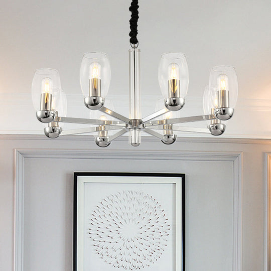 Modern 6-Head Clear Glass Candle Chandelier: Chrome Ceiling Pendant Fixture with Adjustable Chain