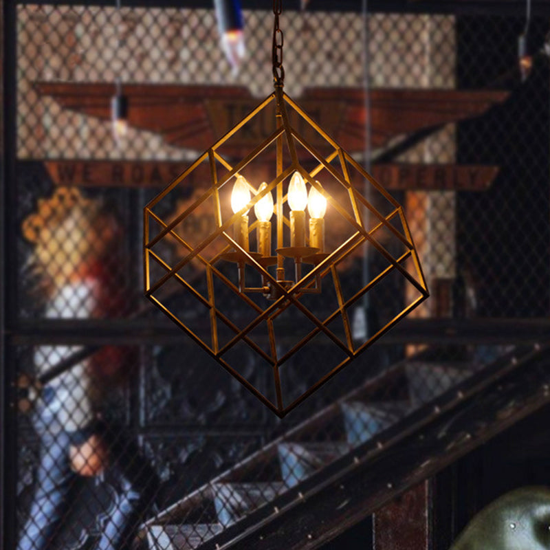 Black Industrial Metal Wire Square Chandelier Light - 4 Lights for Restaurant Ceiling