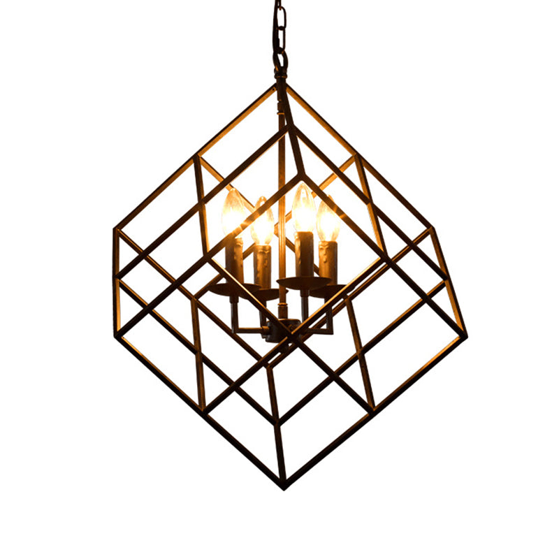 Black Industrial Metal Wire Square Chandelier Light - 4 Lights for Restaurant Ceiling