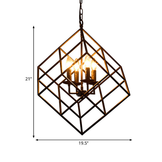 Black Industrial Metal Wire Square Chandelier Light - 4 Lights for Restaurant Ceiling