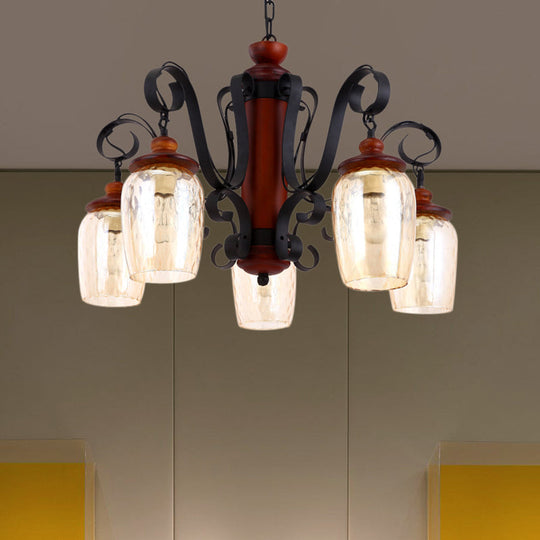 5-Light Cylinder Pendant Light With Metal Chain - Country Style Ceiling Suspension In Black