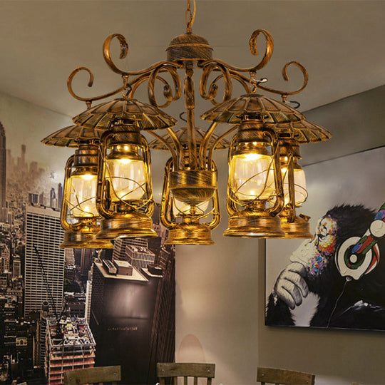 Village Style 5-Light Aged Brass Lantern Chandelier for Dining Room