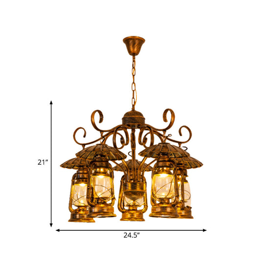 Village Style 5-Light Aged Brass Lantern Chandelier for Dining Room