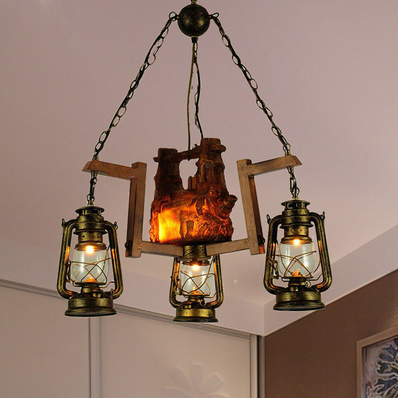 3-Light Lantern Pendant Chandelier - Loft Style Metal Aged Brass - Ideal for Restaurants