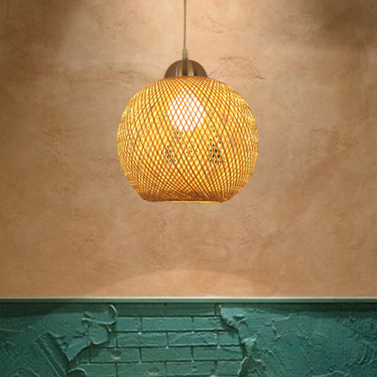 Contemporary Bamboo Globe Pendant Light Kit - Wood Hanging 12/14 Wide