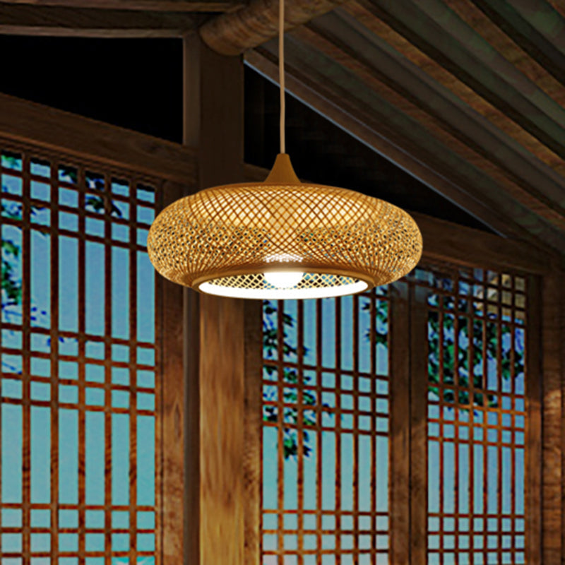 Modern 1-Bulb Wood Pendant Light Fixture with Bamboo Shade - Donut/Hat Hanging Design