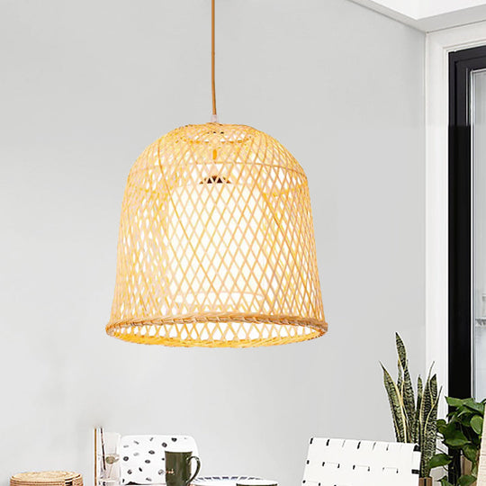 Bamboo Bell Pendant Lighting Kit with Inner White Fabric Shade