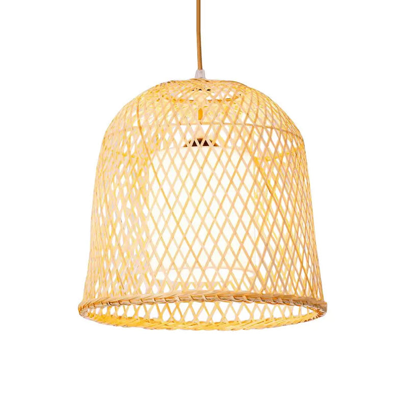 Bamboo Bell Pendant Lighting Kit with Inner White Fabric Shade