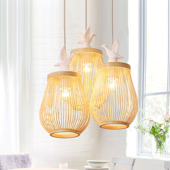 Modern Wood Cage Hanging Lamp With Bamboo Ceiling Pendant Light And White Bird Accent