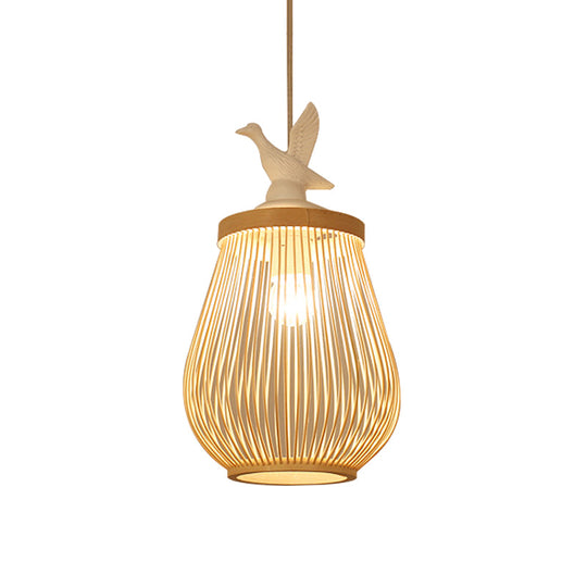 Modern Wood Cage Hanging Lamp With Bamboo Ceiling Pendant Light And White Bird Accent