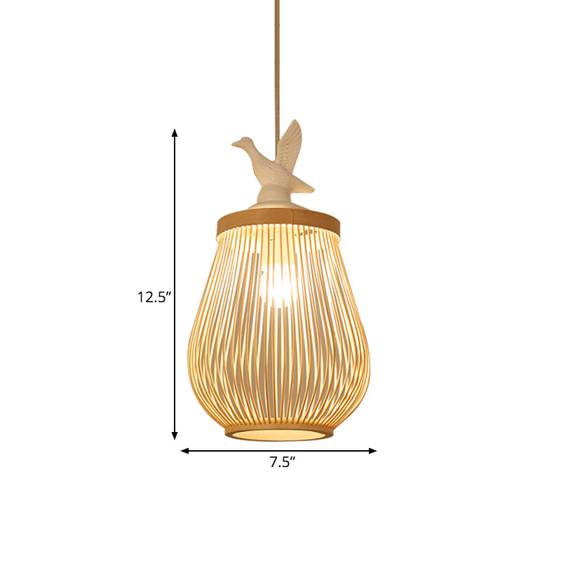 Modern Wood Cage Hanging Lamp With Bamboo Ceiling Pendant Light And White Bird Accent