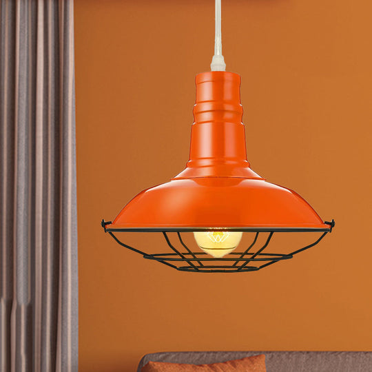 Industrial Metal Pendant Light With Wire Guard In Orange Blue And Green 1-Light 10/14/18 Dia -