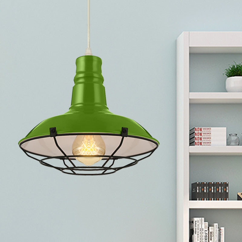 Industrial Metal Pendant Light With Wire Guard In Orange Blue And Green 1-Light 10/14/18 Dia -